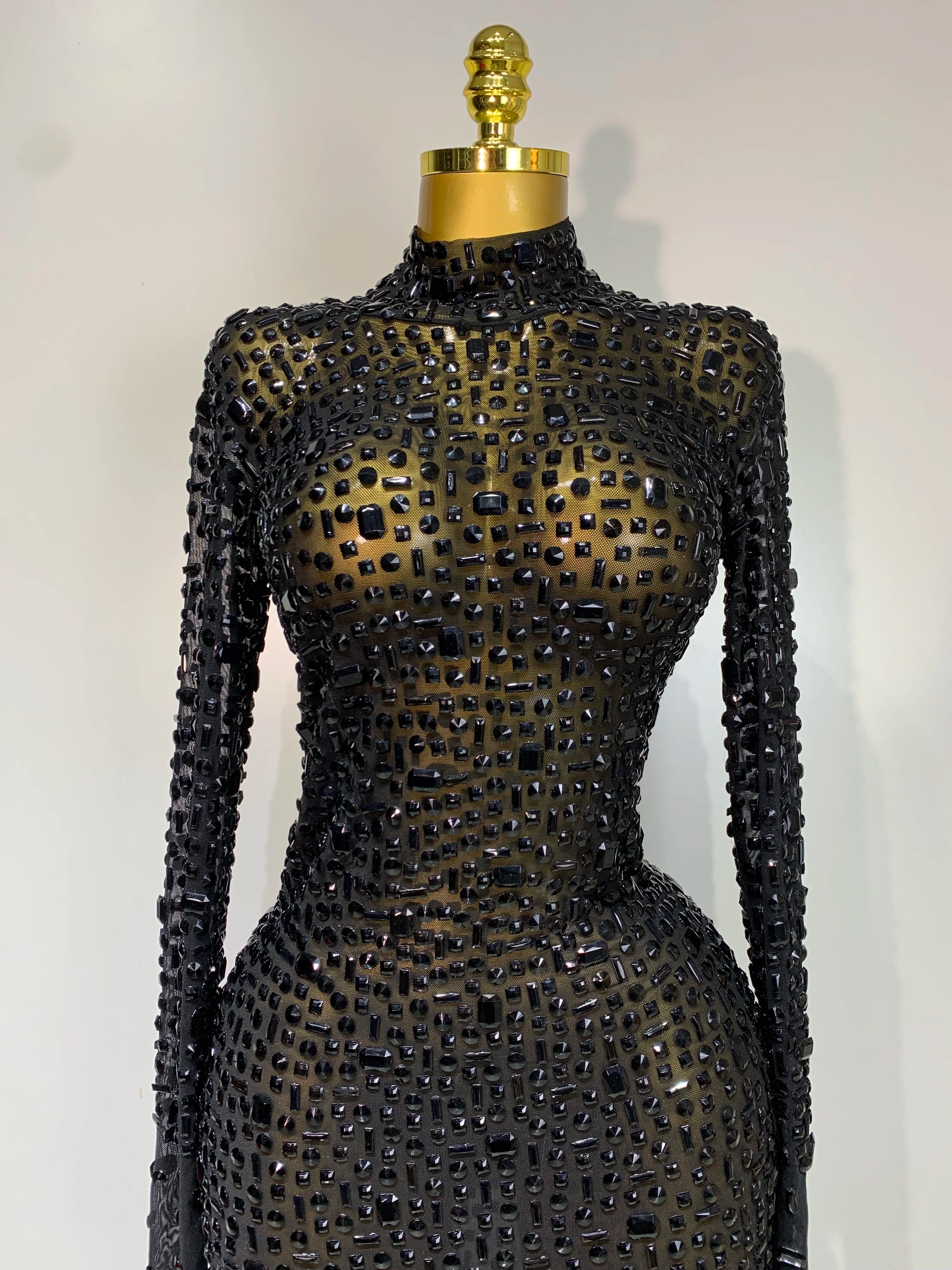 Sparkly Luxury Rhinstones Long Sleeve Elegant Party Dress Women 2025 Performance Stage Outfit Evening Birthday Prom Gown