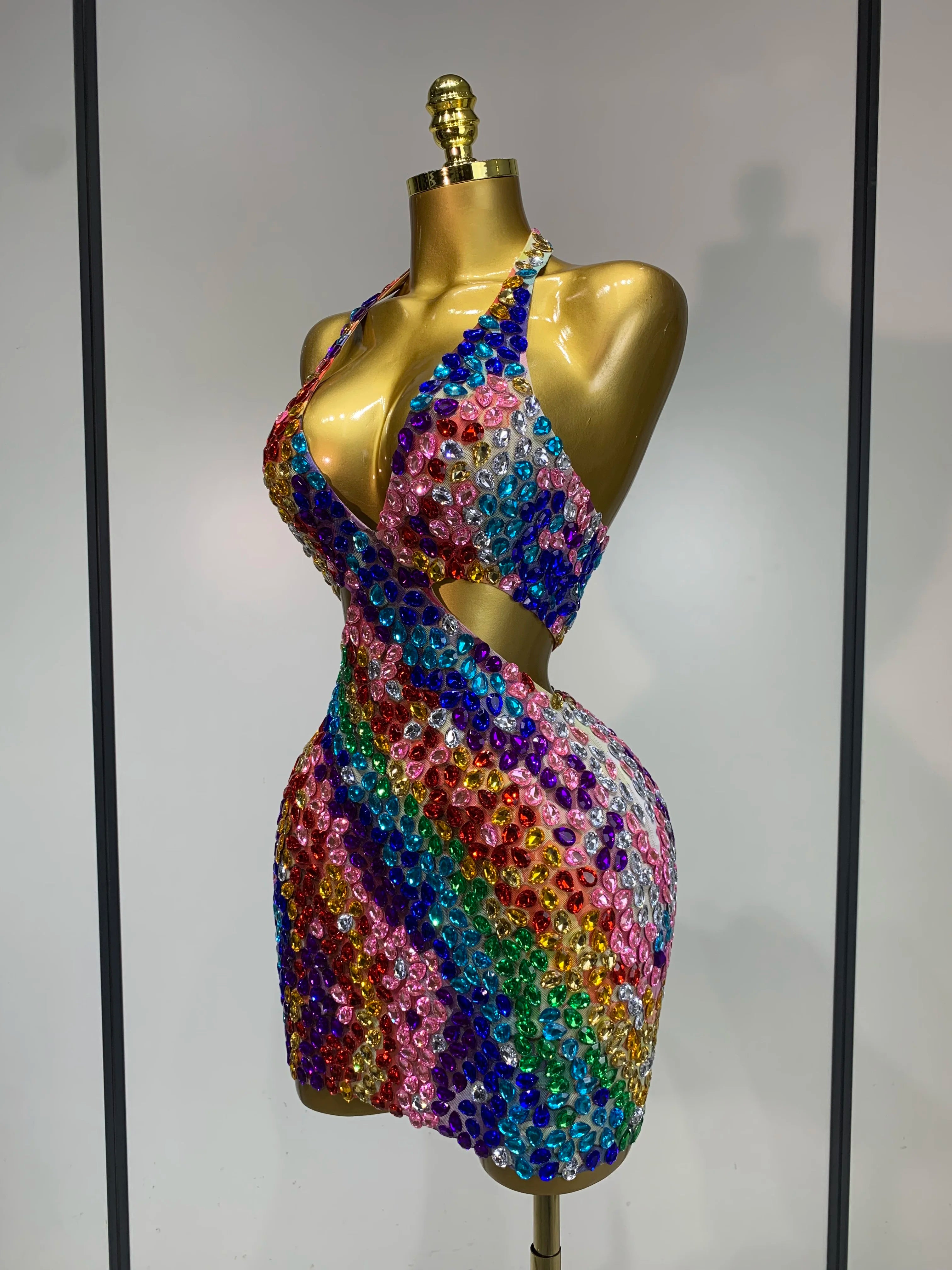 Women Sexy Halter Colorful Diamonds Backless Mini Dresses Celebrity Luxury Birthday Evening Party Gowns Nightclub Stage Outfit