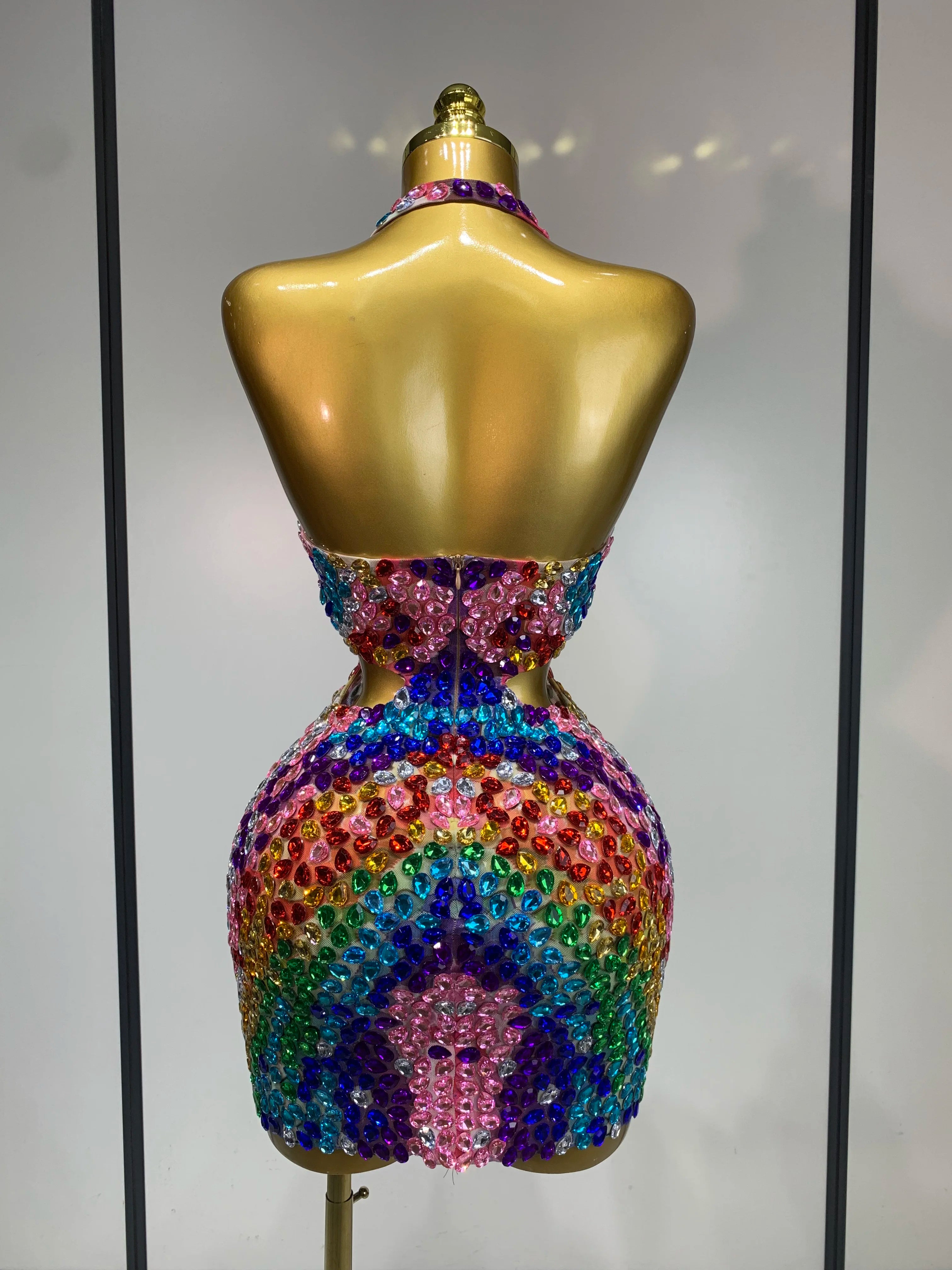 Women Sexy Halter Colorful Diamonds Backless Mini Dresses Celebrity Luxury Birthday Evening Party Gowns Nightclub Stage Outfit