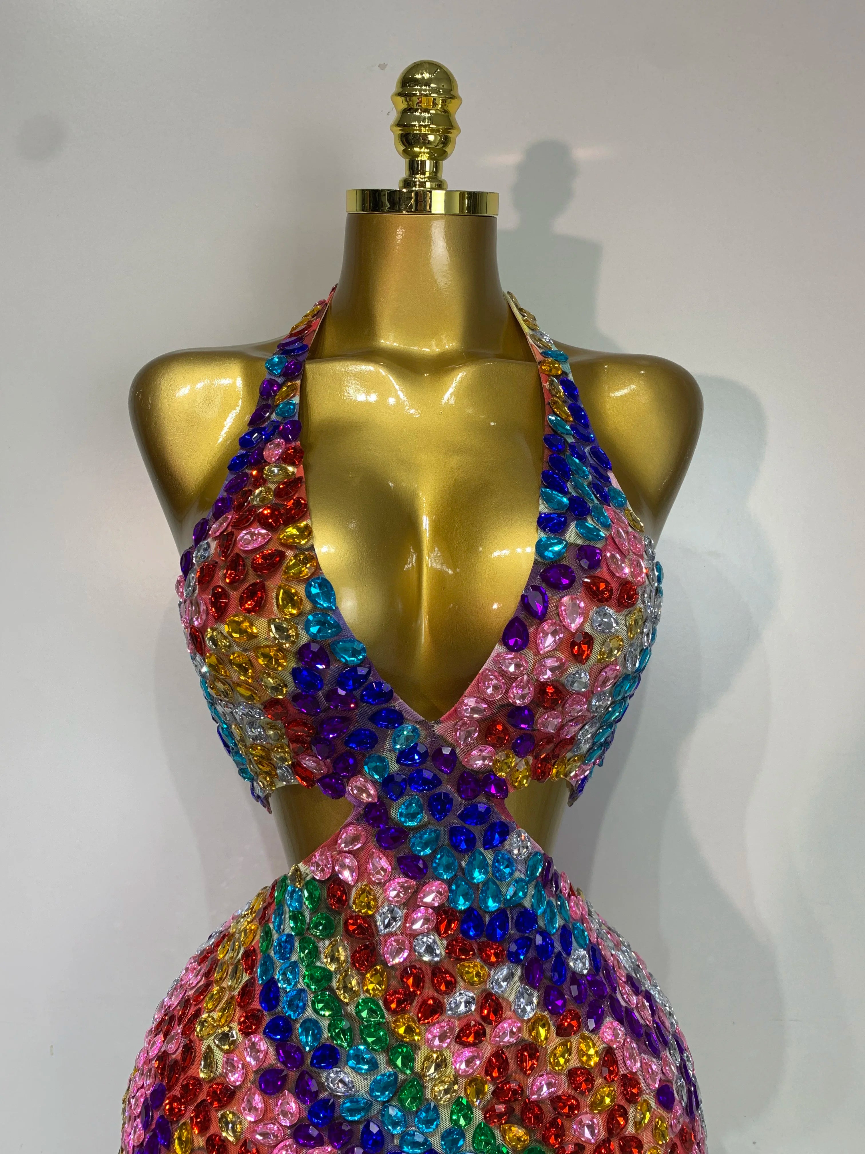 Women Sexy Halter Colorful Diamonds Backless Mini Dresses Celebrity Luxury Birthday Evening Party Gowns Nightclub Stage Outfit