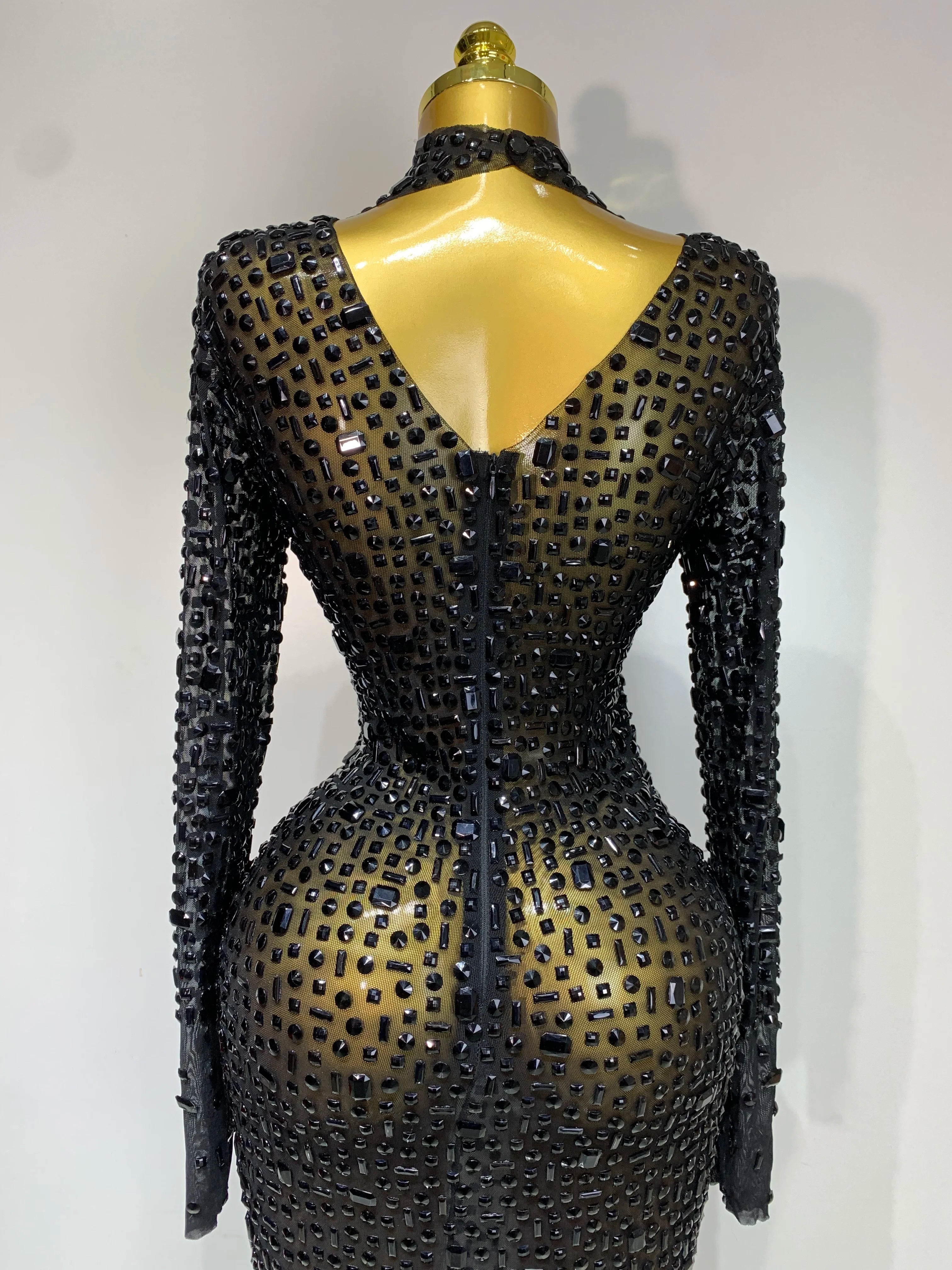 Sparkly Luxury Rhinstones Long Sleeve Elegant Party Dress Women 2025 Performance Stage Outfit Evening Birthday Prom Gown