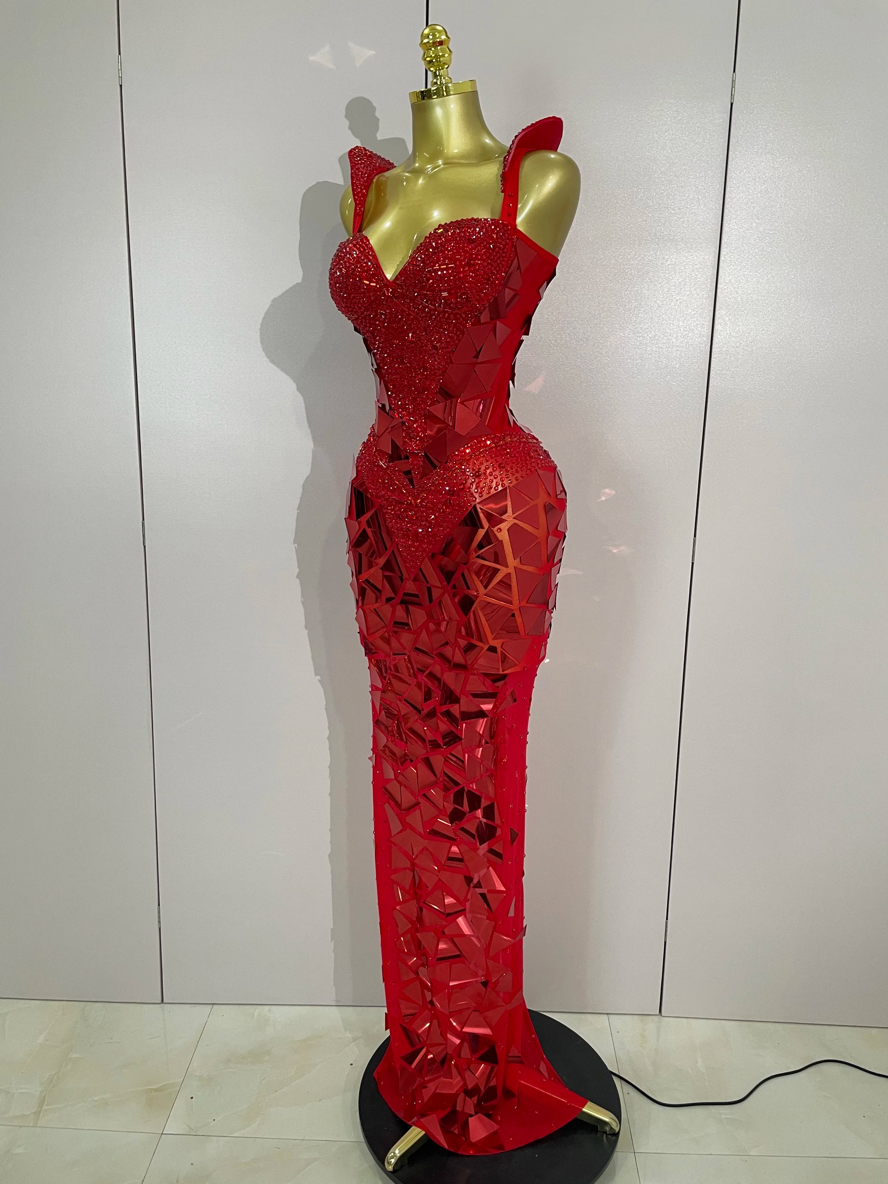Sexy Luxury Sparkly Diamonds Mirror Sequins Mesh Transparent Long Dress Women Evening Birthday Party Nightclub Bar Stage Costume