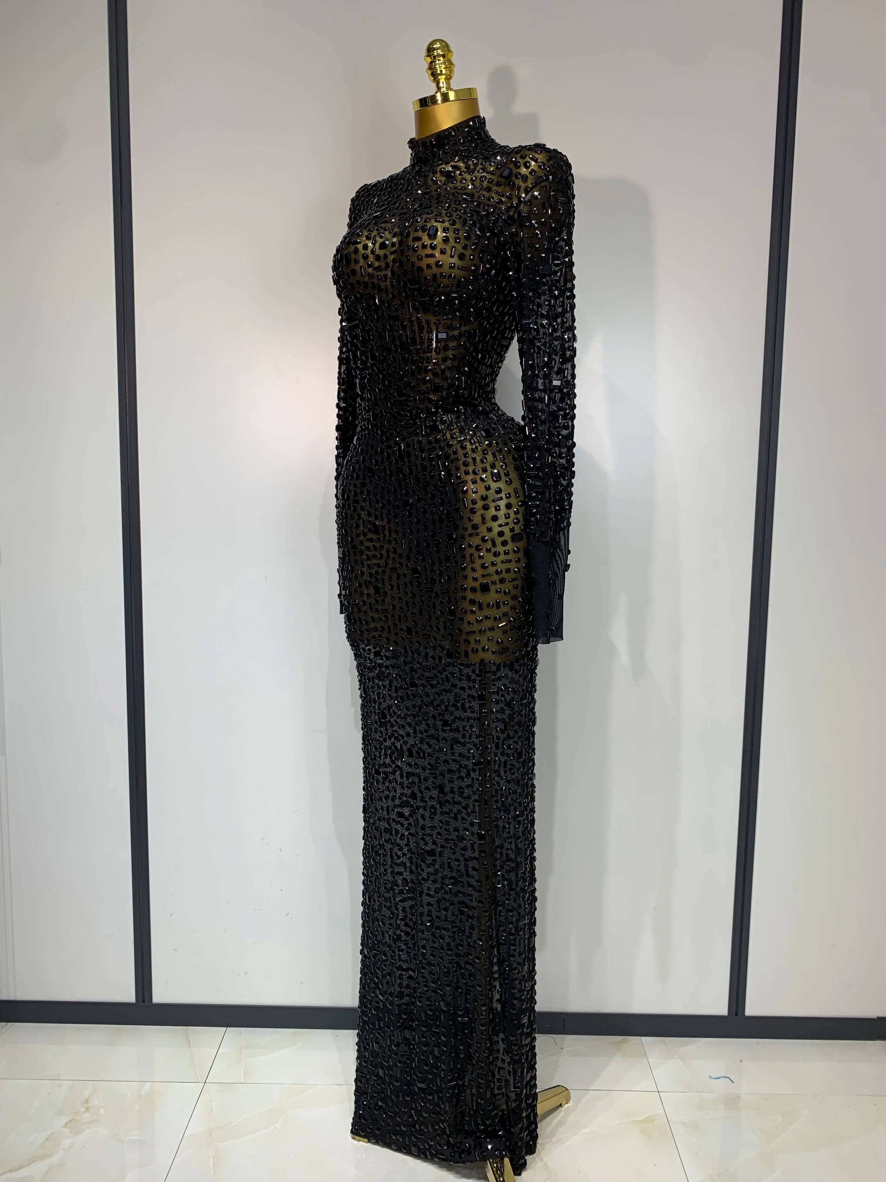 Sparkly Luxury Rhinstones Long Sleeve Elegant Party Dress Women 2025 Performance Stage Outfit Evening Birthday Prom Gown