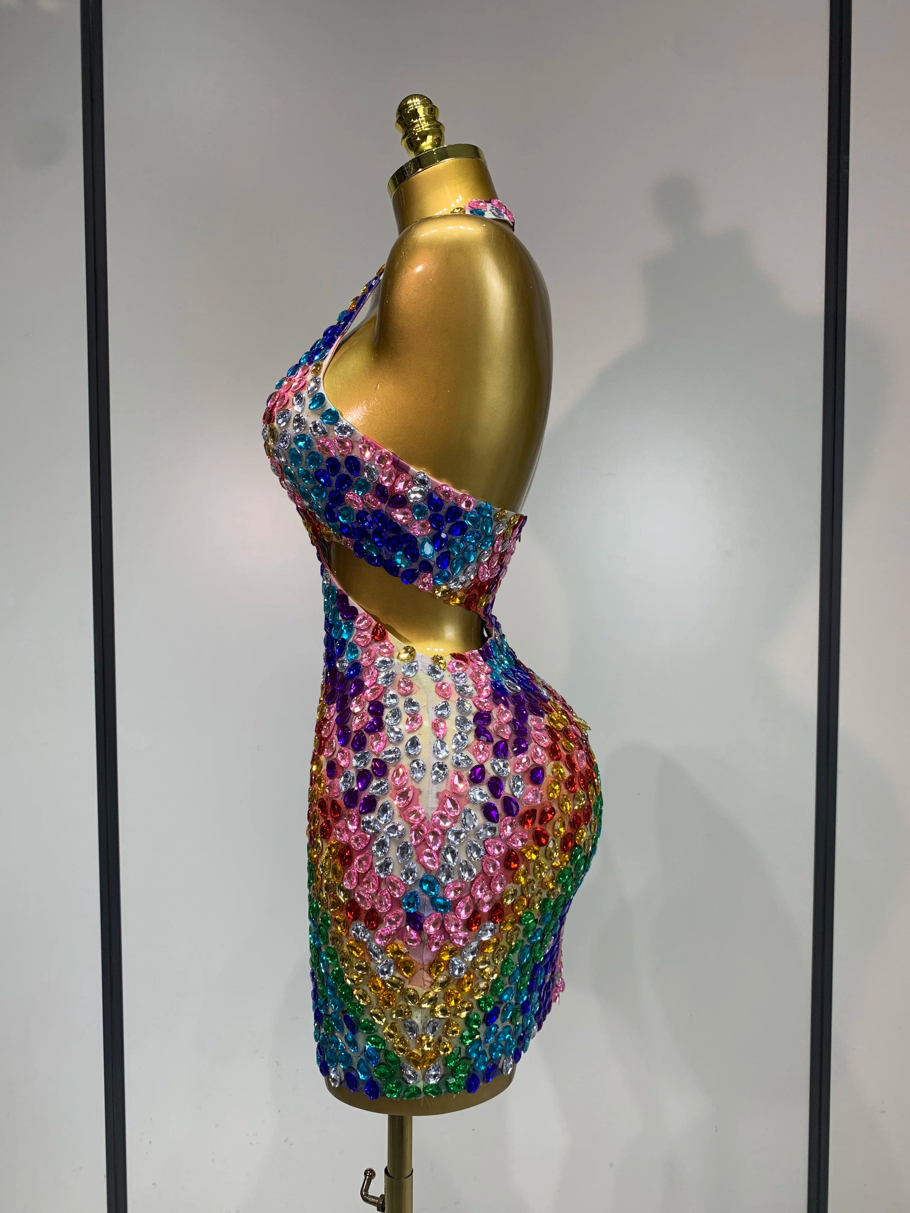 Women Sexy Halter Colorful Diamonds Backless Mini Dresses Celebrity Luxury Birthday Evening Party Gowns Nightclub Stage Outfit