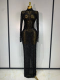 Sparkly Luxury Rhinstones Long Sleeve Elegant Party Dress Women 2025 Performance Stage Outfit Evening Birthday Prom Gown