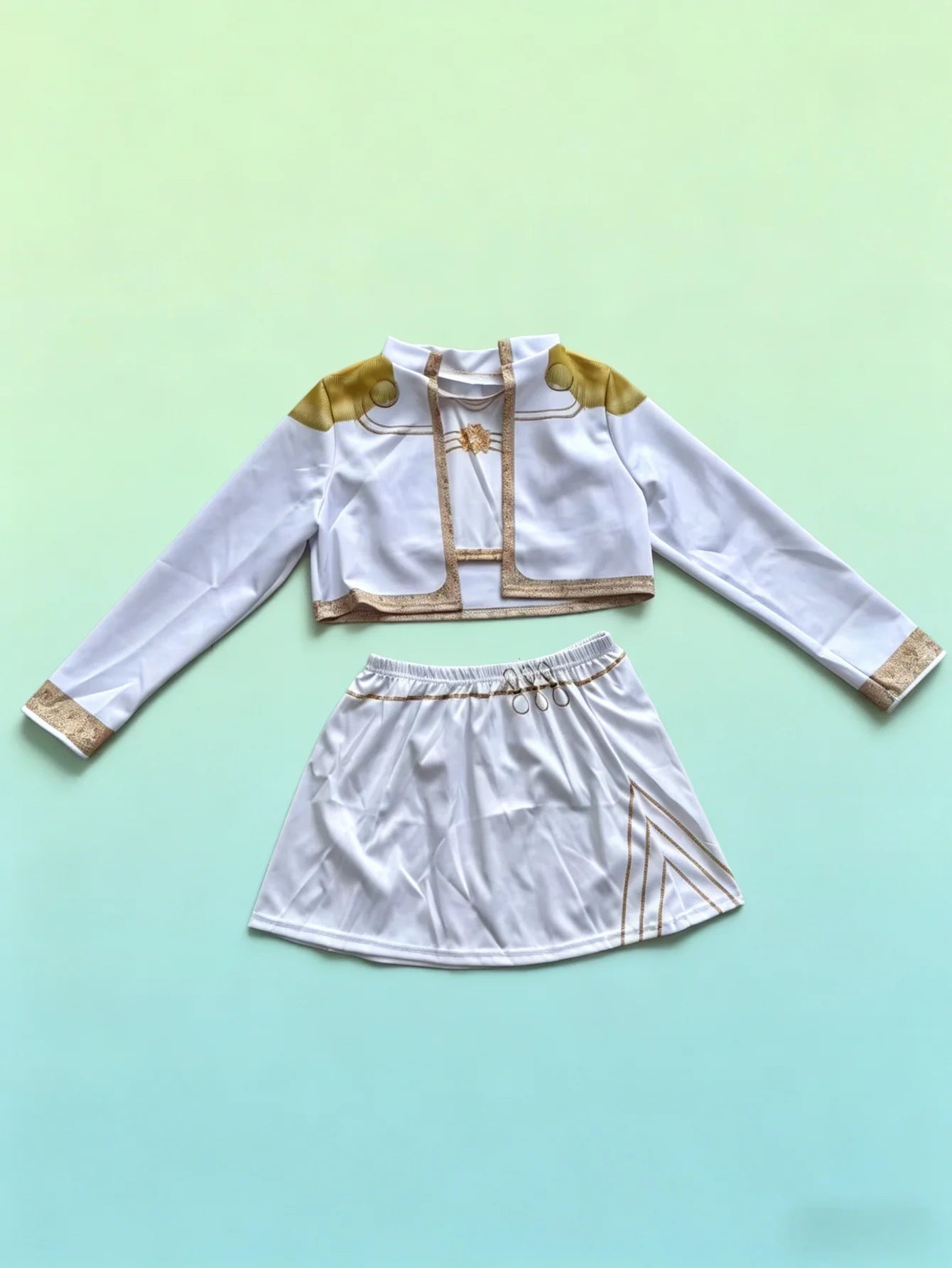 White Gold Printed 3Pcs Costume, Long Sleeve Crop Top Skort, for Dance Performance & Halloween Party