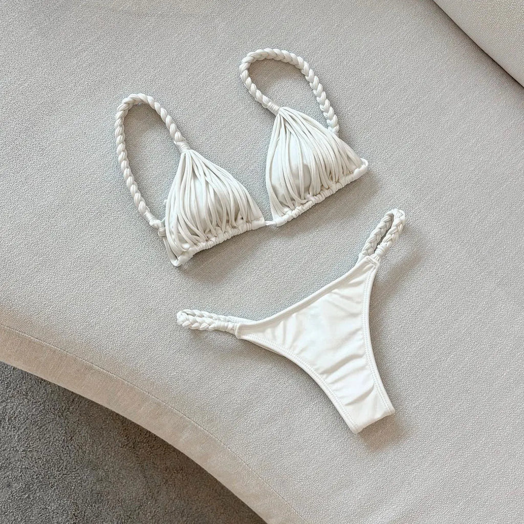 2025 New Bandage Stripe Brazilian Bikini Swimwear Women'S Braided Rope Swimsuit Two Piece Set Female Sexy Mujer Beachwear Summer