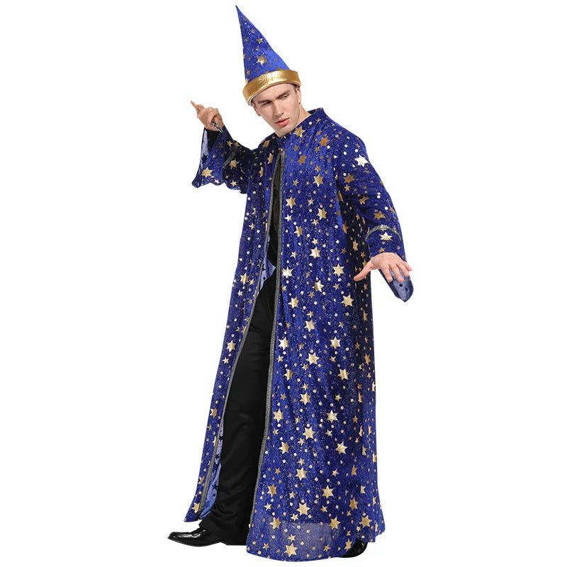 Adults Halloween Costumes Wizard Glittering Stars Robe Pointy Hat Party Cosplay Suit Fancy Clothes