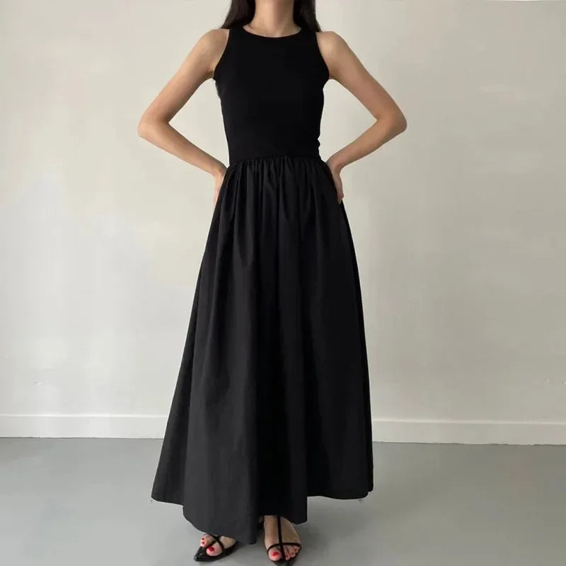 New Summer Simple Elegant Black Long Dresses for Women round Neck Sleeveless High Waist Temperament Female Fashion Style Dress