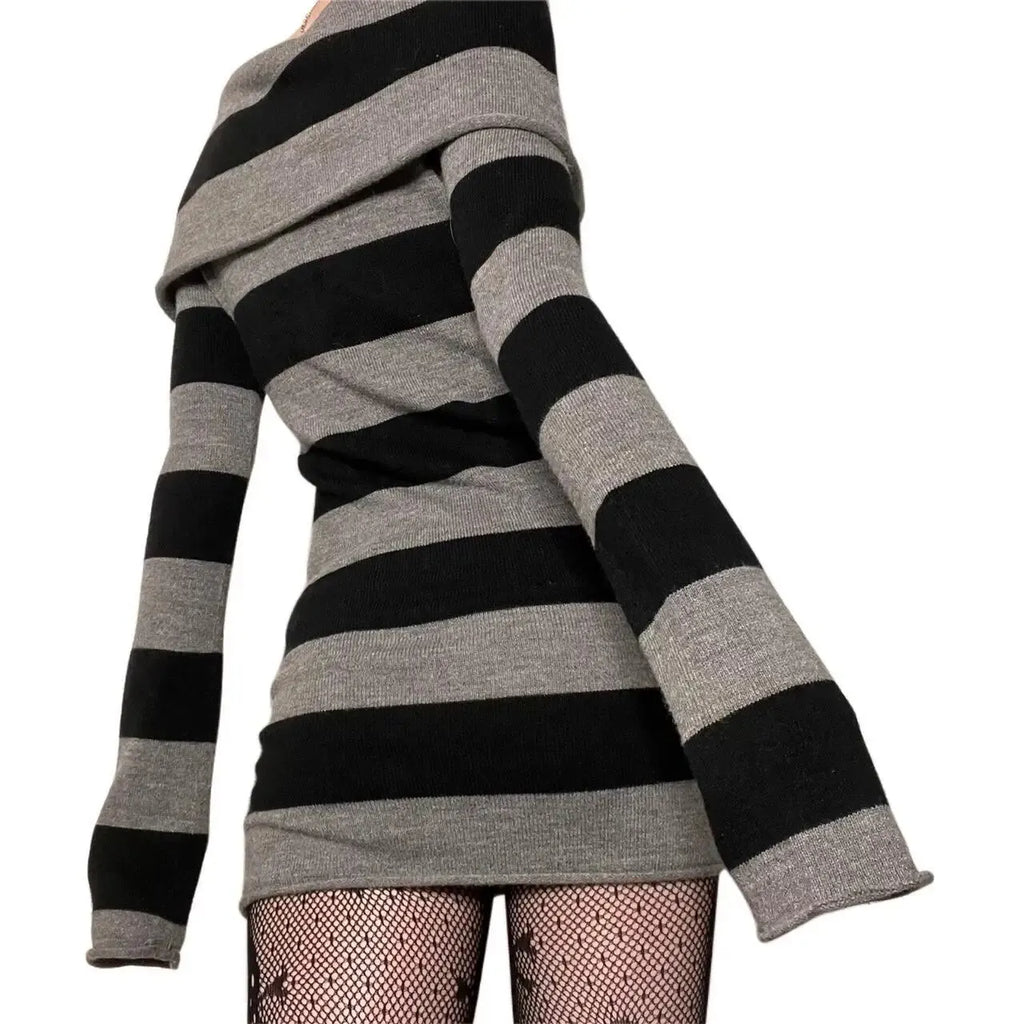 Women Striped Mini Bodycon Dress Stripe Boat-Neck off Shoulder Long Sleeve Short Dress Spring Autumn Wrapped Hip Party Dress