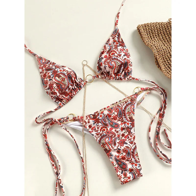 2024 Bathing Suits Triangle Bikinis Printed Swimwear Women'S Low Waist Swimsuit Bandage Biquini Set New Two Piece Suits
