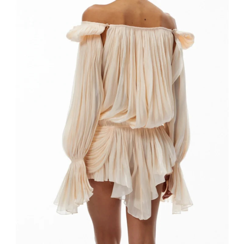 Satin Off-Shoulder Pleated Mini Dress for Women Fashion Puff Sleeve Cinched Waist Prom Party Skirt 2026 NEW Spring Lady Dresses