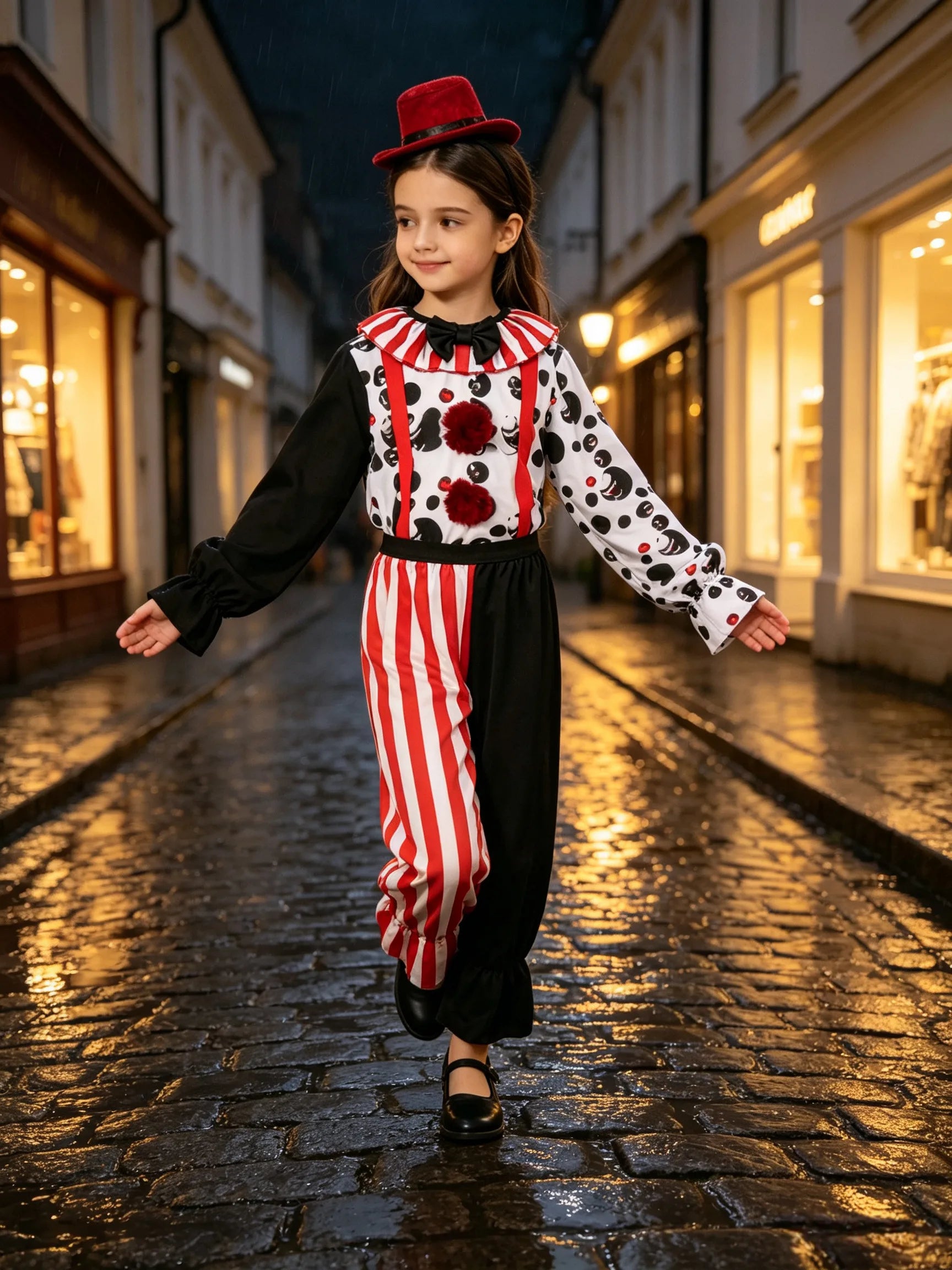 Kids Clown Costume Set, Polka Dot Top Striped Pants & Mini Red Hat Headband, Halloween Party Outfit