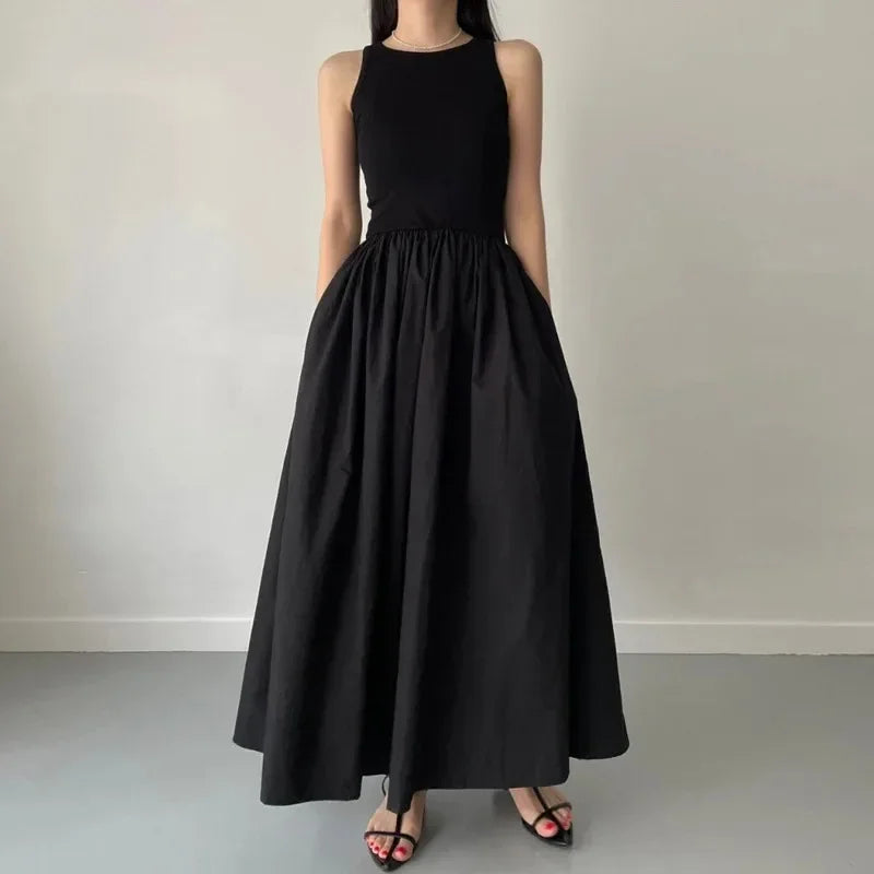 New Summer Simple Elegant Black Long Dresses for Women round Neck Sleeveless High Waist Temperament Female Fashion Style Dress