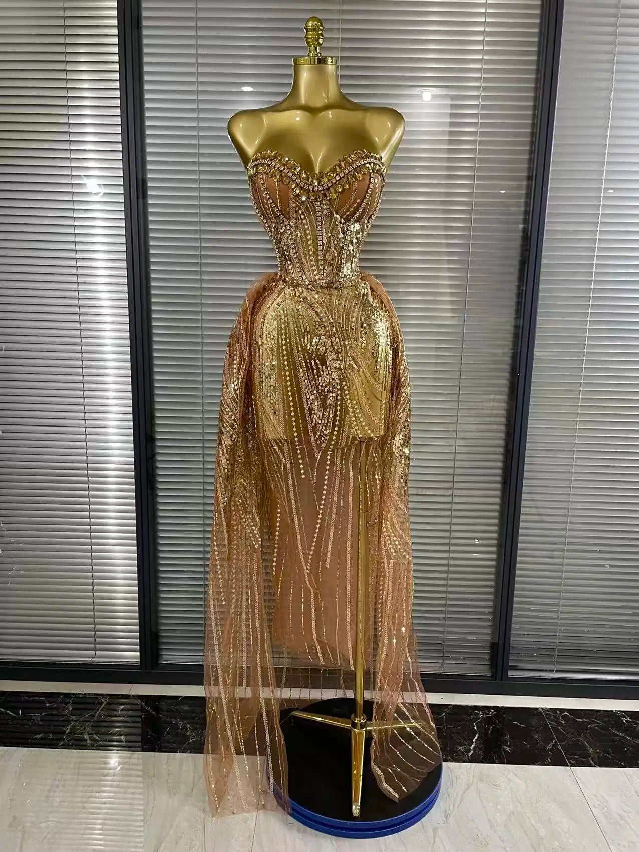Women Sexy Strapless Mesh Crystal Maxi Dress See through Party Singer Maxi Dress Stage Performance Costume