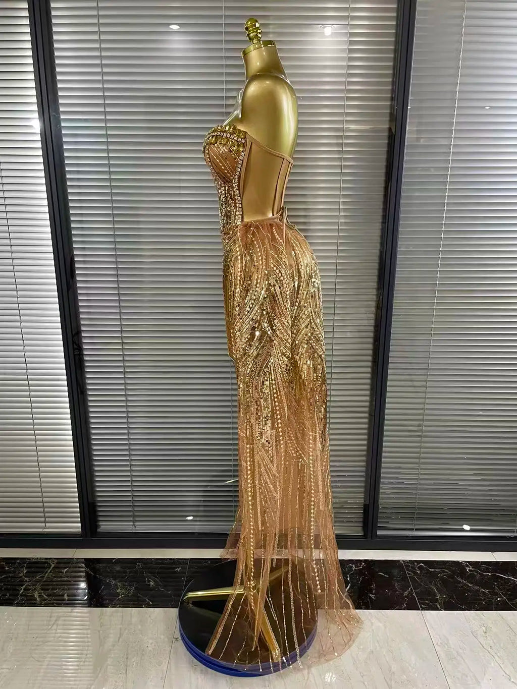 Women Sexy Strapless Mesh Crystal Maxi Dress See through Party Singer Maxi Dress Stage Performance Costume