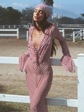 2026 New Chiffon Stripe 2Pc Bikini Set Long Sleeve Backless Crop Tops Women Transparent Bodycon Skirts Sexy Beach Casual