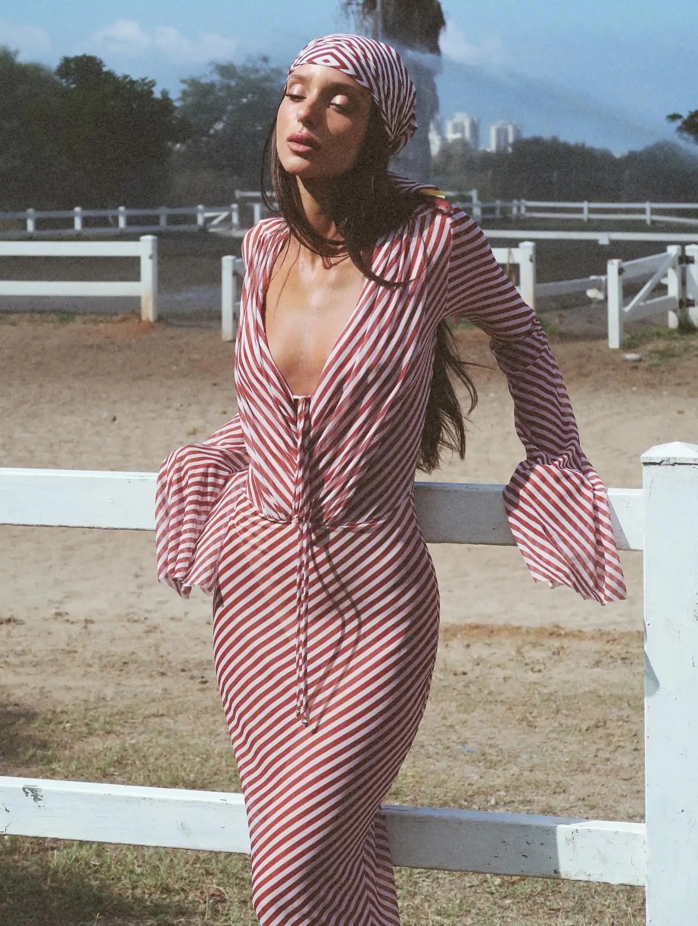 2026 New Chiffon Stripe 2Pc Bikini Set Long Sleeve Backless Crop Tops Women Transparent Bodycon Skirts Sexy Beach Casual