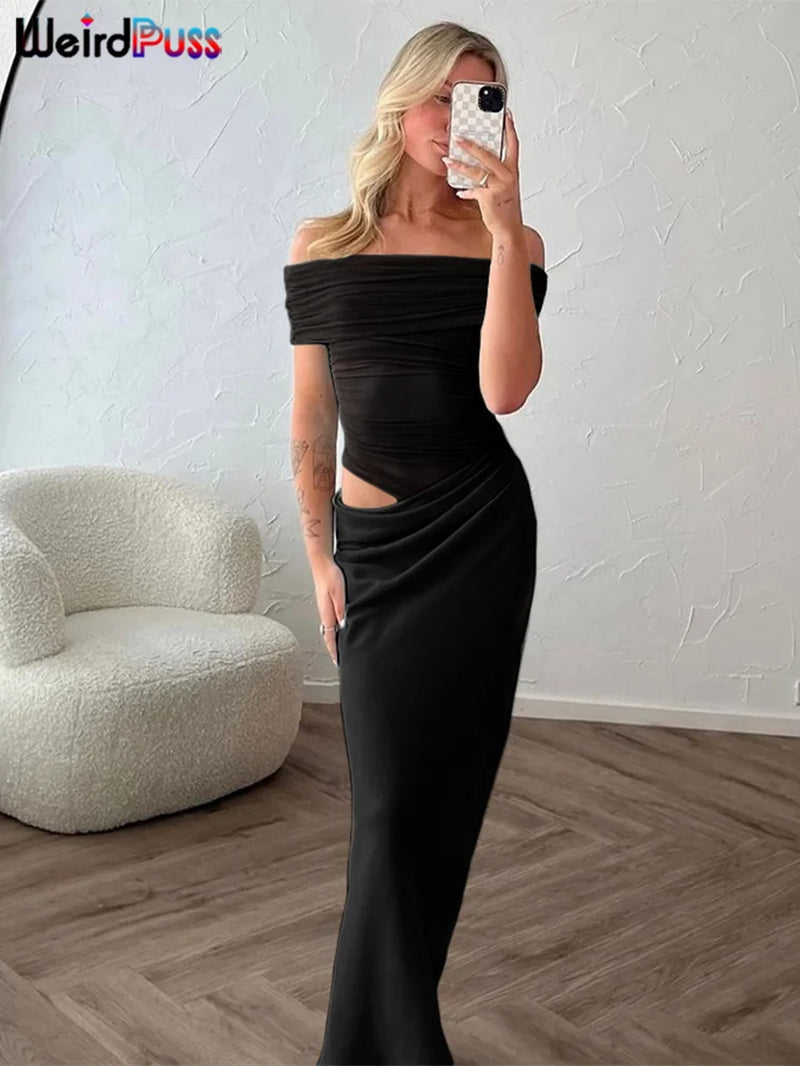Ruched Irregular Dress Women Mesh Patchwork Slash Neck Short Sleeve Skinny Stretch Trend Elegant Long Bodycon Outfits