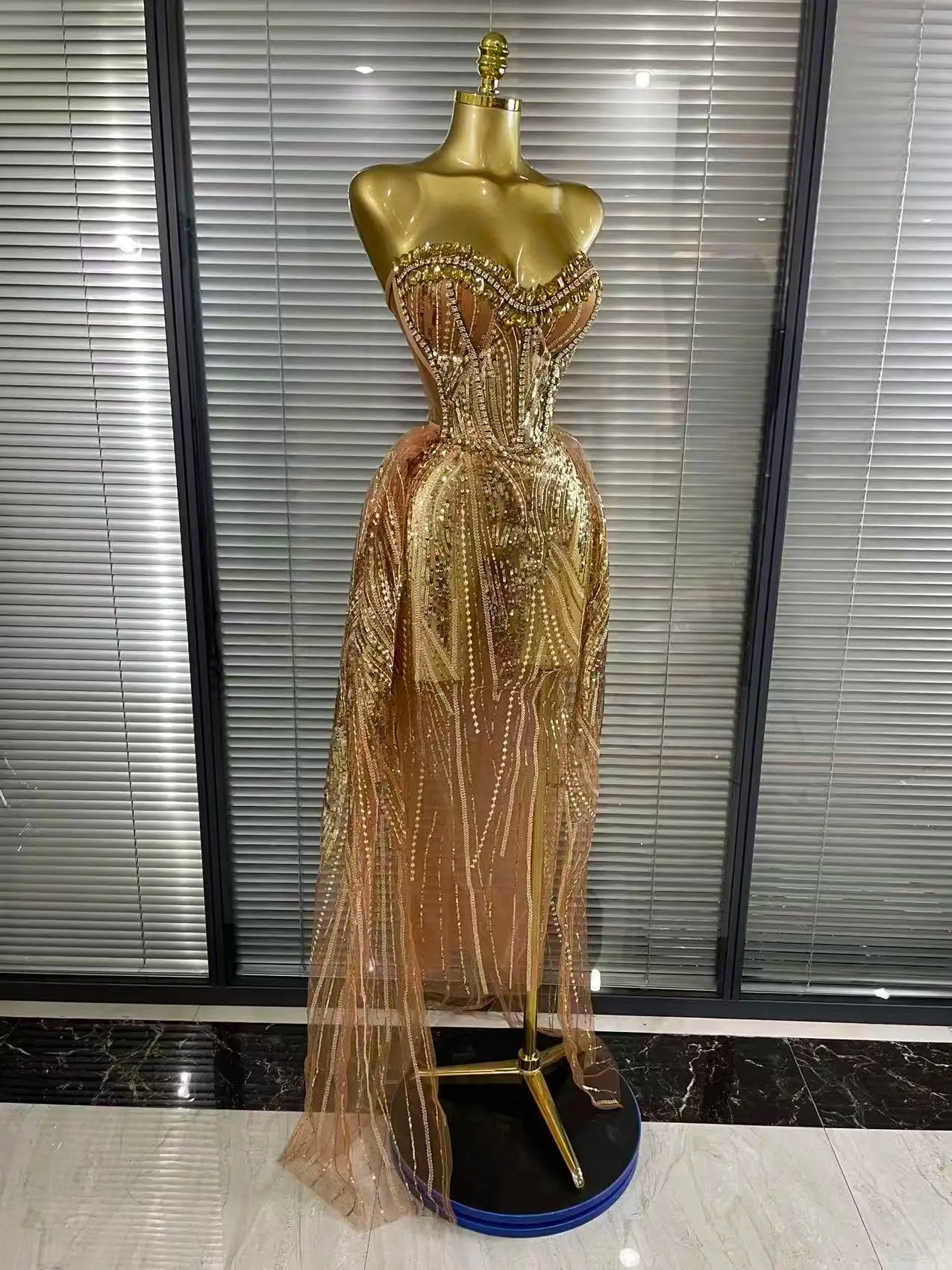 Women Sexy Strapless Mesh Crystal Maxi Dress See through Party Singer Maxi Dress Stage Performance Costume