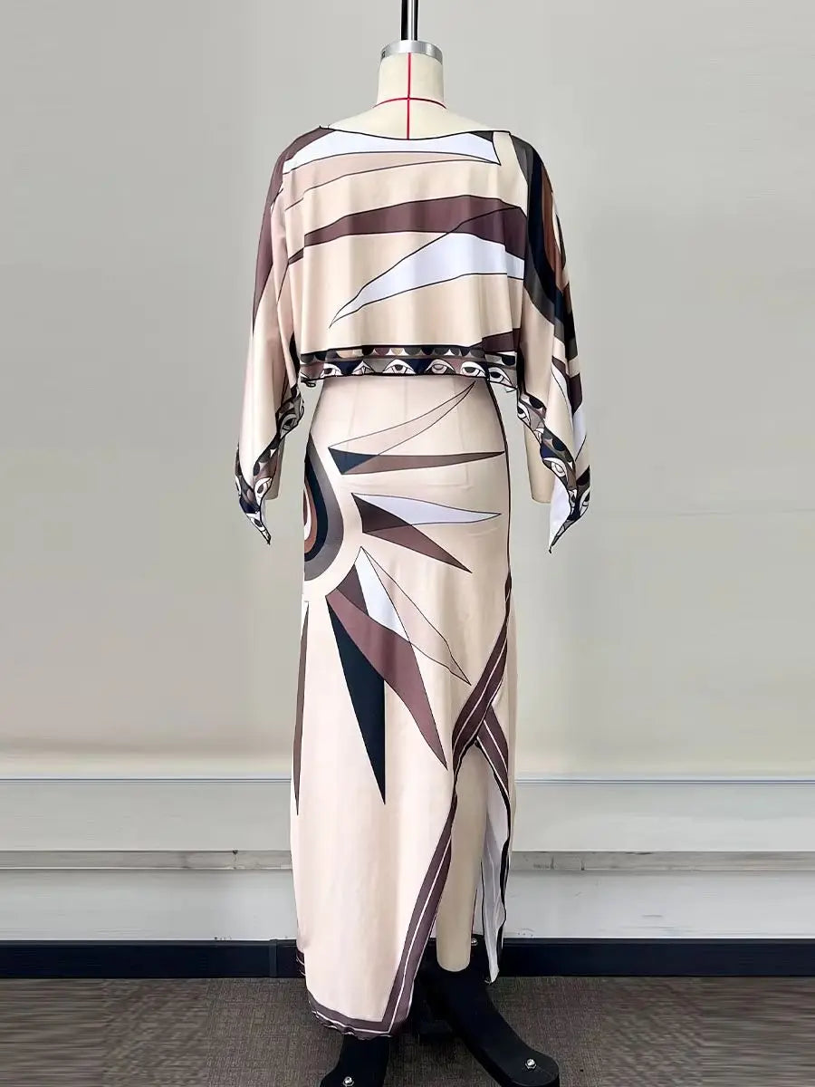 New Sexy Print Two Piece Skirt Halter Beach Dress Women High Waist A-Line Long Skirt Suit Summer Holiday Seaside Casual Set