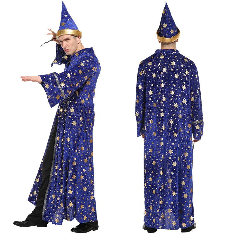 Adults Halloween Costumes Wizard Glittering Stars Robe Pointy Hat Party Cosplay Suit Fancy Clothes