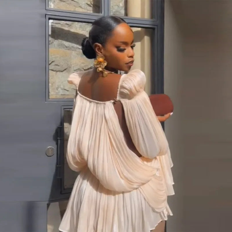 Satin Off-Shoulder Pleated Mini Dress for Women Fashion Puff Sleeve Cinched Waist Prom Party Skirt 2026 NEW Spring Lady Dresses