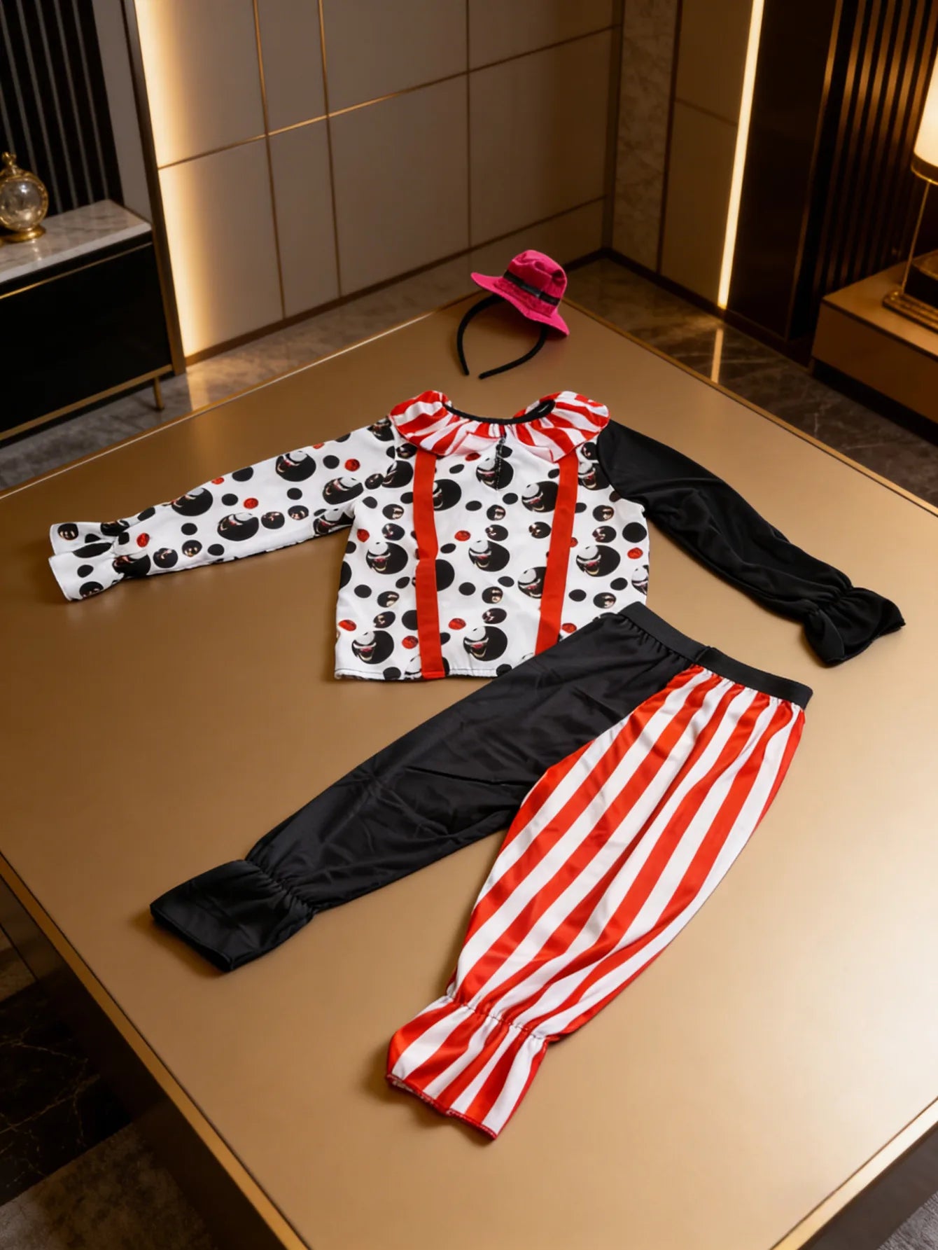 Kids Clown Costume Set, Polka Dot Top Striped Pants & Mini Red Hat Headband, Halloween Party Outfit