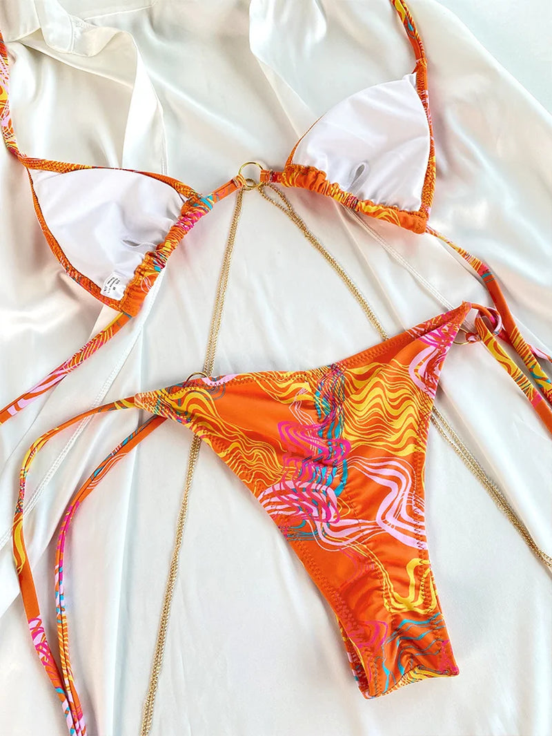 2024 Bathing Suits Triangle Bikinis Printed Swimwear Women'S Low Waist Swimsuit Bandage Biquini Set New Two Piece Suits