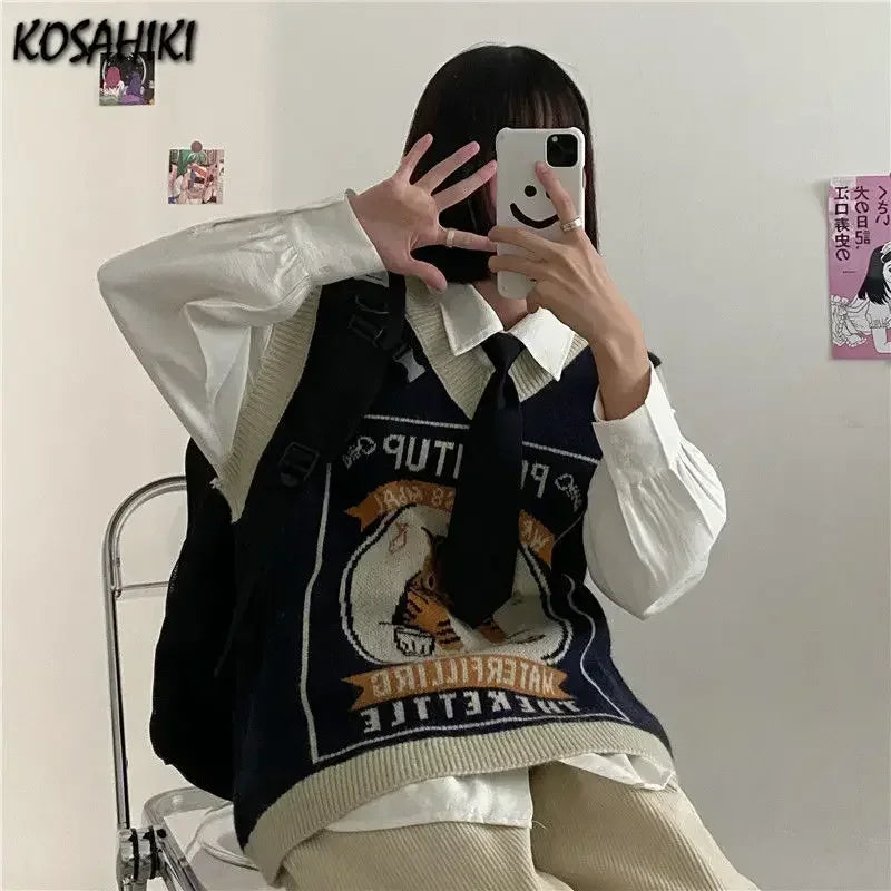 Sweater Vest Women Kawaii Cat Waistcoat Streetwear Knitting Chic Fashion College All-Match Harajuku Y2K Vests Chandails
