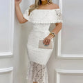Women'S White Off-Shoulder Lace Midi Dress Ruffled Neckline Flared Hem Ideal for Evening Parties Wedding Receptions
